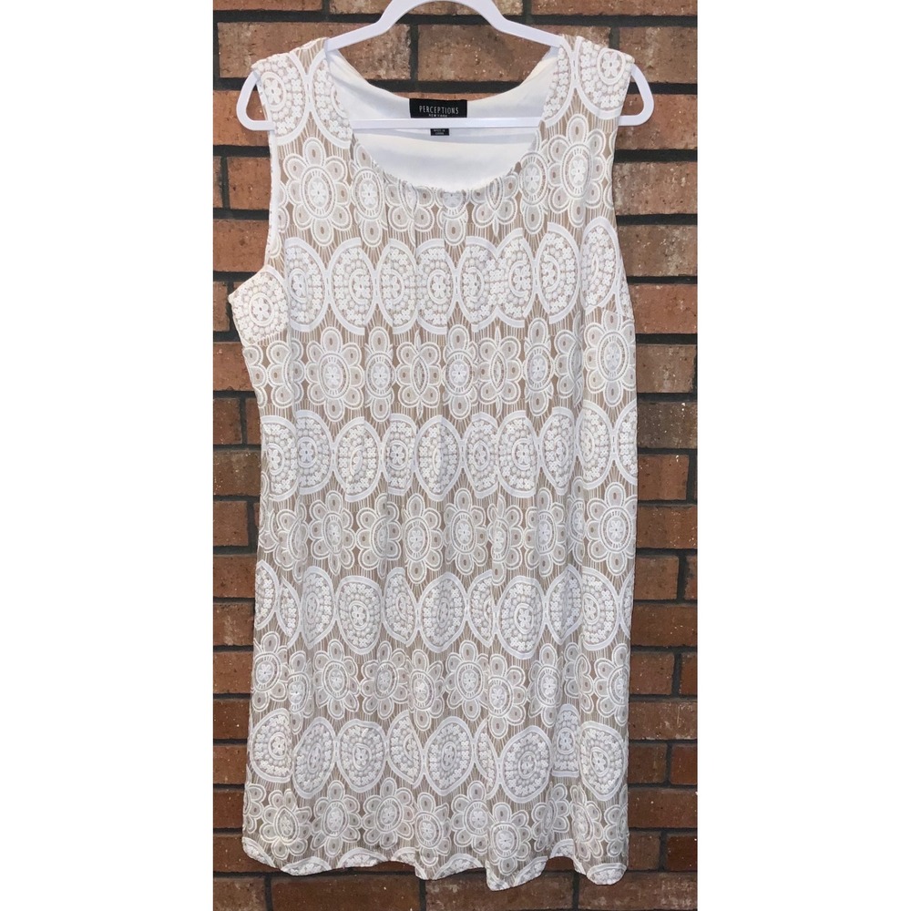 Perceptions New York White Floral Lace Sleeveless Shift Dress Tan Lined XL